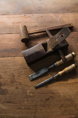 tools on a workbench viewed from above